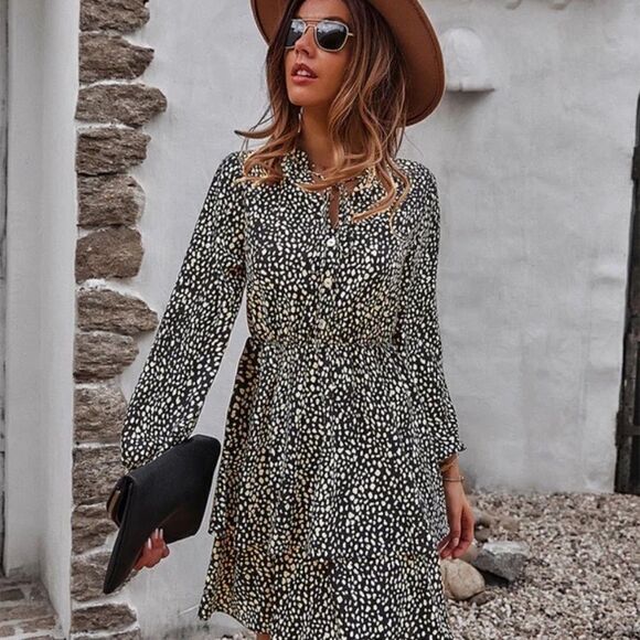 Leopard Tie Neck Long Sleeve Tiered Mini Dress Large - Picture 1 of 4